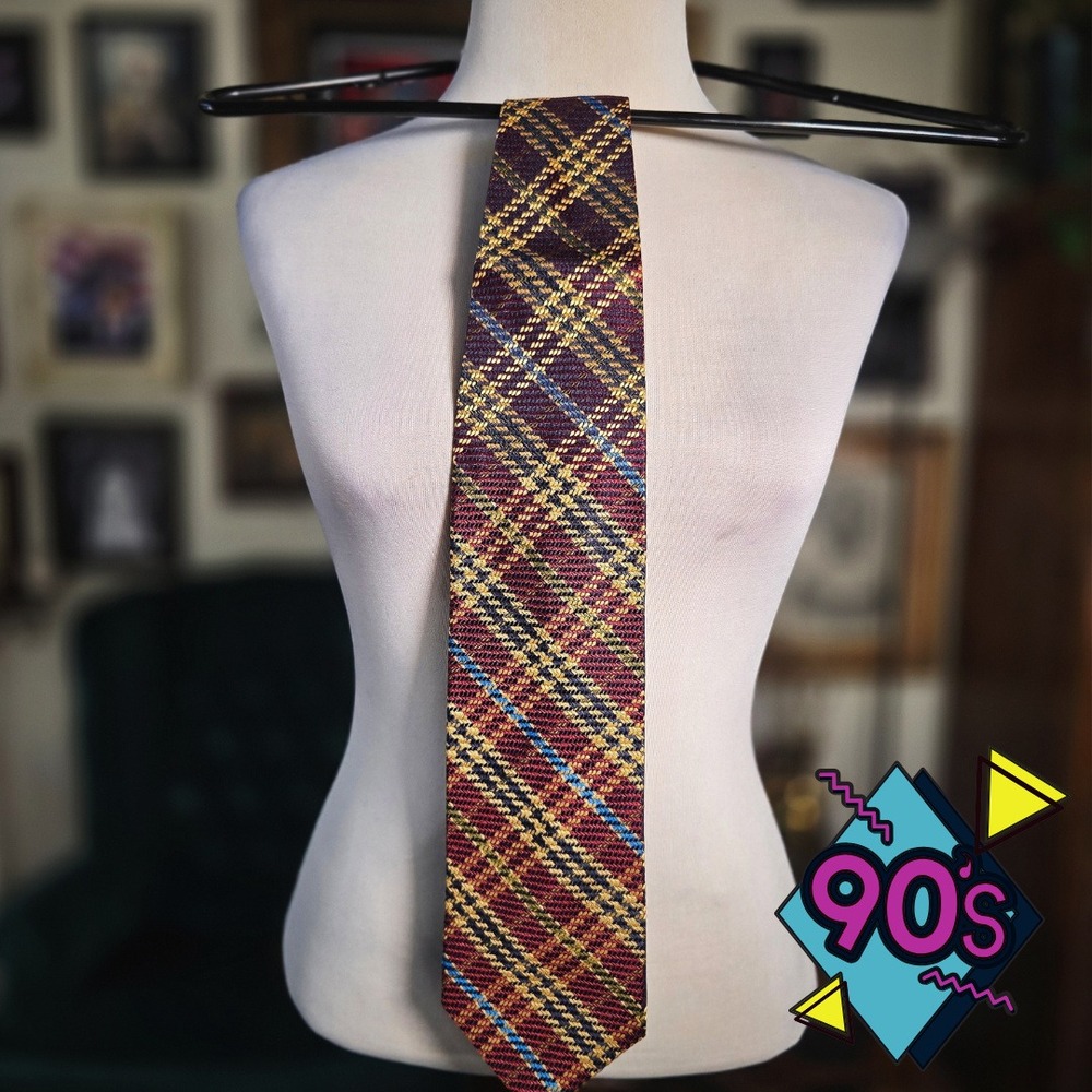 Structure Silk Tie Vintage 90s Mens Plaid Geometric Burgundy Gold Made in USA